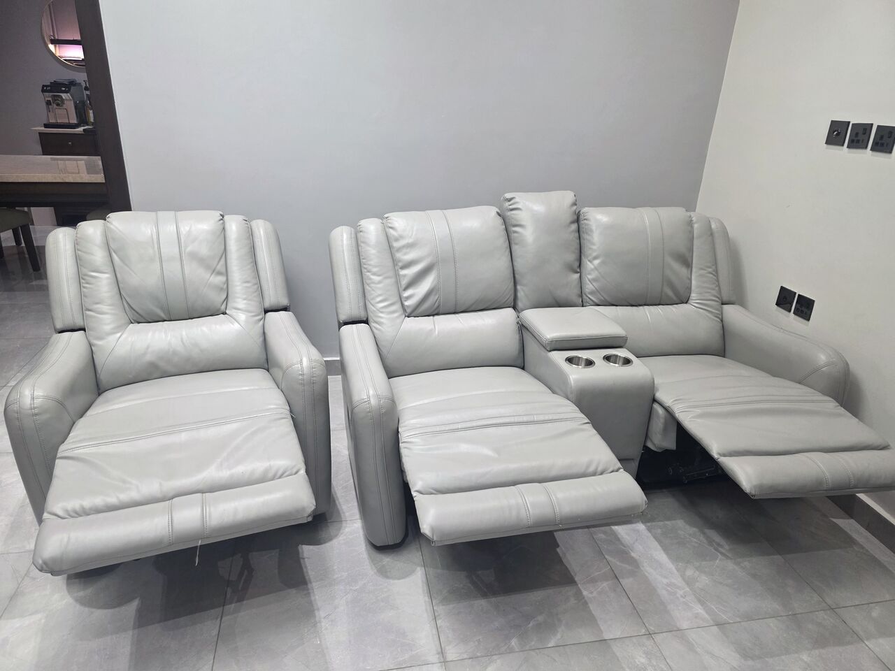 Jeddah, Furniture, SAR 2500,  Light Grey Rexine 6-Seater & 2 Separate Recliner Sofa Set &ndash; Excellent Condition