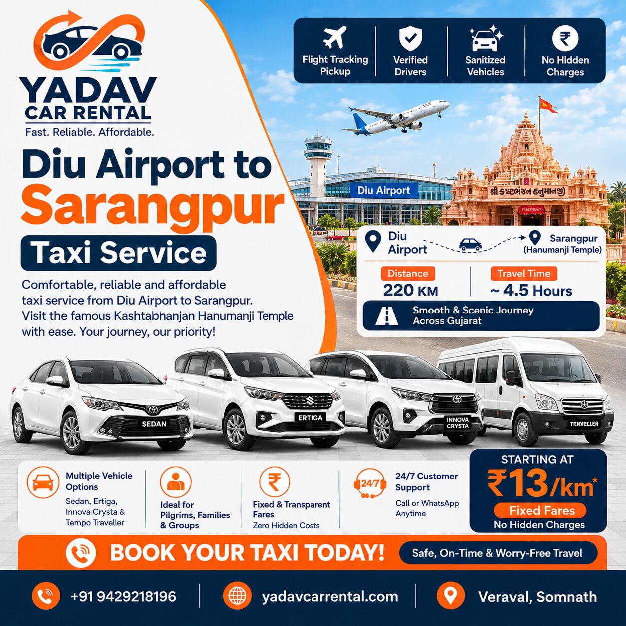 Ahmedabad, Travel, Diu Airport To Sarangpur One-Way Taxi | Yadav Car Rental