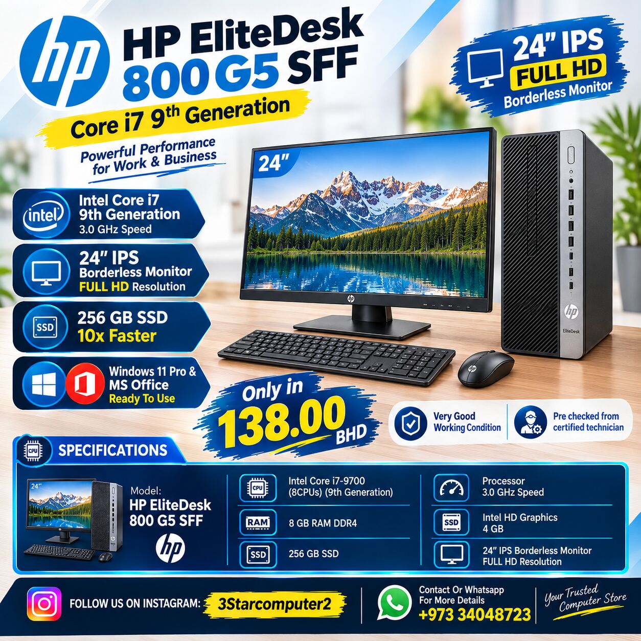 Manama, Tablet Computers, BHD 138,  HP Core I7 9th Gen PC SSD 10x Fast 24" IPS FHD Borderless Monitor Win 11 & Office Ready