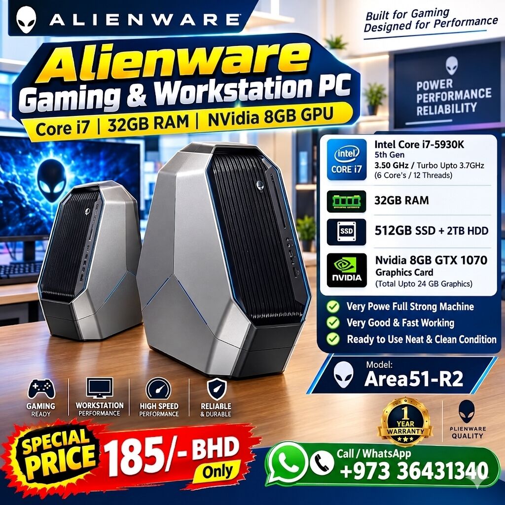 Isa Town, Computers, BHD 185,  Alienware Gaming Workstation PC Core I7 32GB RAM NVidia 8GB Graphics Card 512GB SSD + 2TB