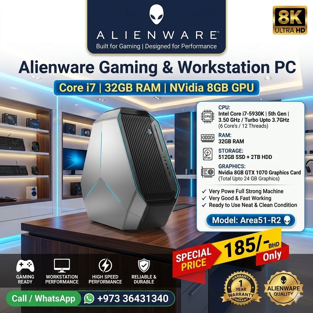 Manama, Computers, BHD 185,  Alienware Gaming Workstation PC Core I7 32GB RAM NVidia 8GB Graphics Card 512GB SSD + 2TB