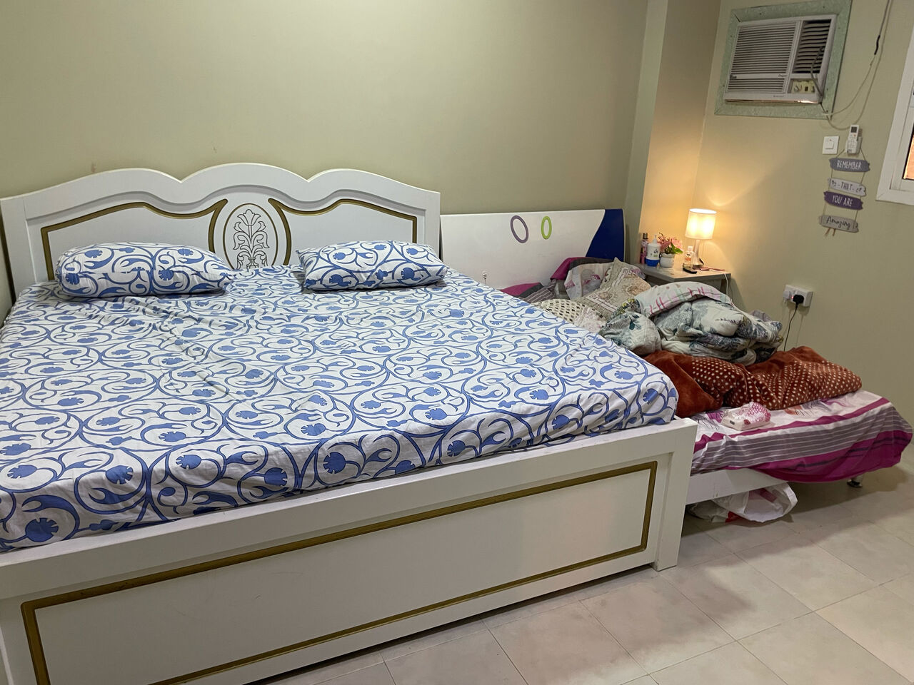 Jubail, Furniture, SAR 2500,  URGENT SALE: Elegant White & Gold Wooden Bed Frame - Excellent Condition!