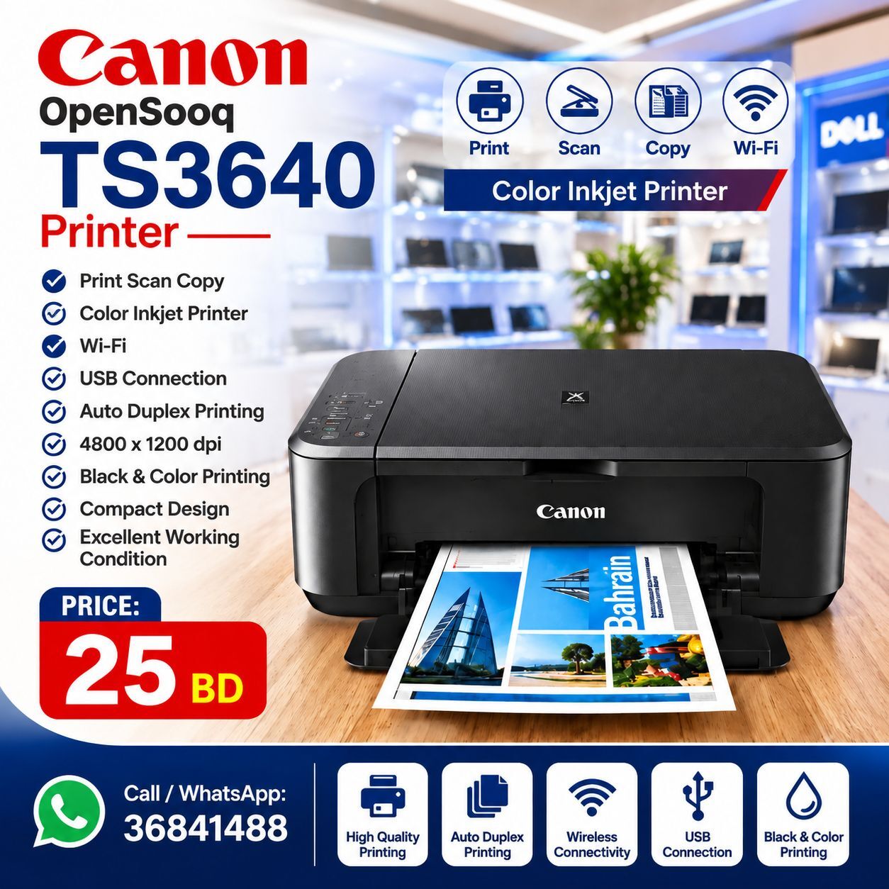 Salmabad, Computers, BHD 25,  Canon Wi-Fi Printer Color Scan Copy Brand New WhatsApp -36841488