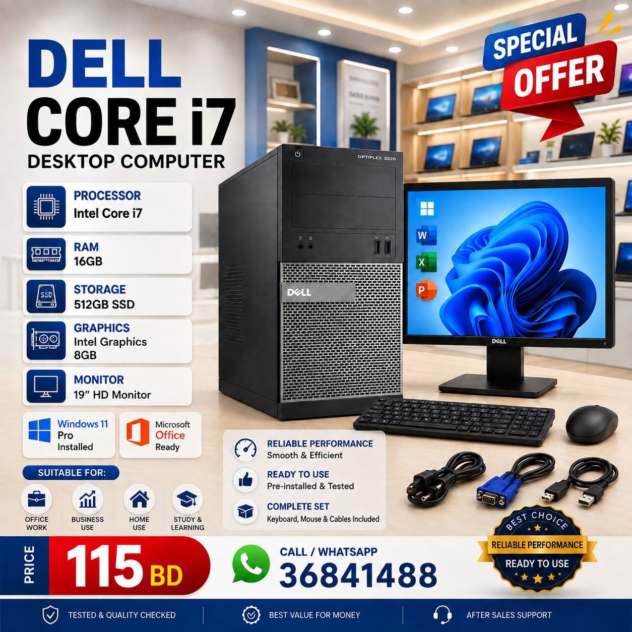 Salmabad, Computers, BHD 115,  Dell Core I7 Computer Set 16GB RAM 512GB SSD Win 10 Pro Office WhatsApp/36841488
