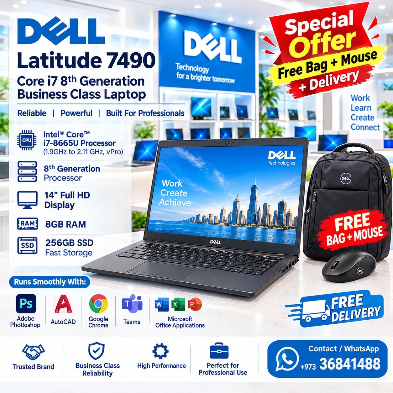 Manama, Computers, BHD 89,  Dell Core I7 8th Gen 7490 Laptop 8GB Ram 256GB SSD Win 11 Pro Call /-36841488
