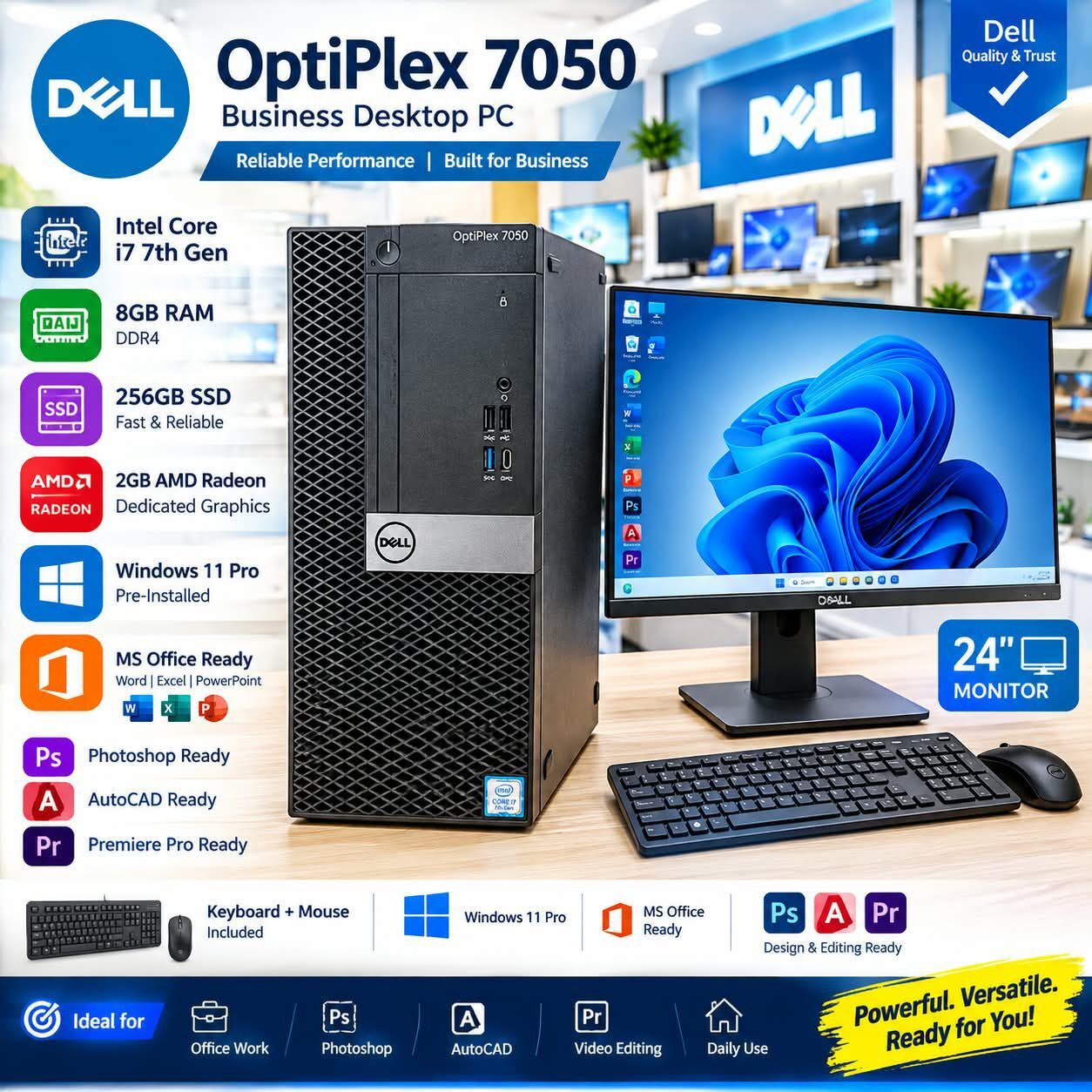 Manama, Computers, BHD 133,  Dell Core I7 7th Gen Computer Set 8GB RAM 256GB SSD 2GB AMD 24" Monitor WhatsApp/36841488