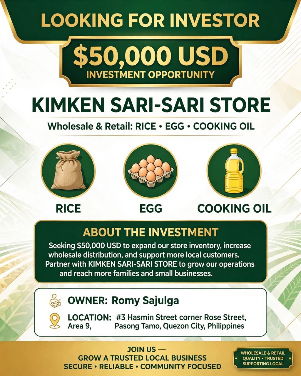 Manila, Business Partners, LOOKING FOR INVESTOR - 50K USD | RICE, EGG & COOKING OIL BUSINESS