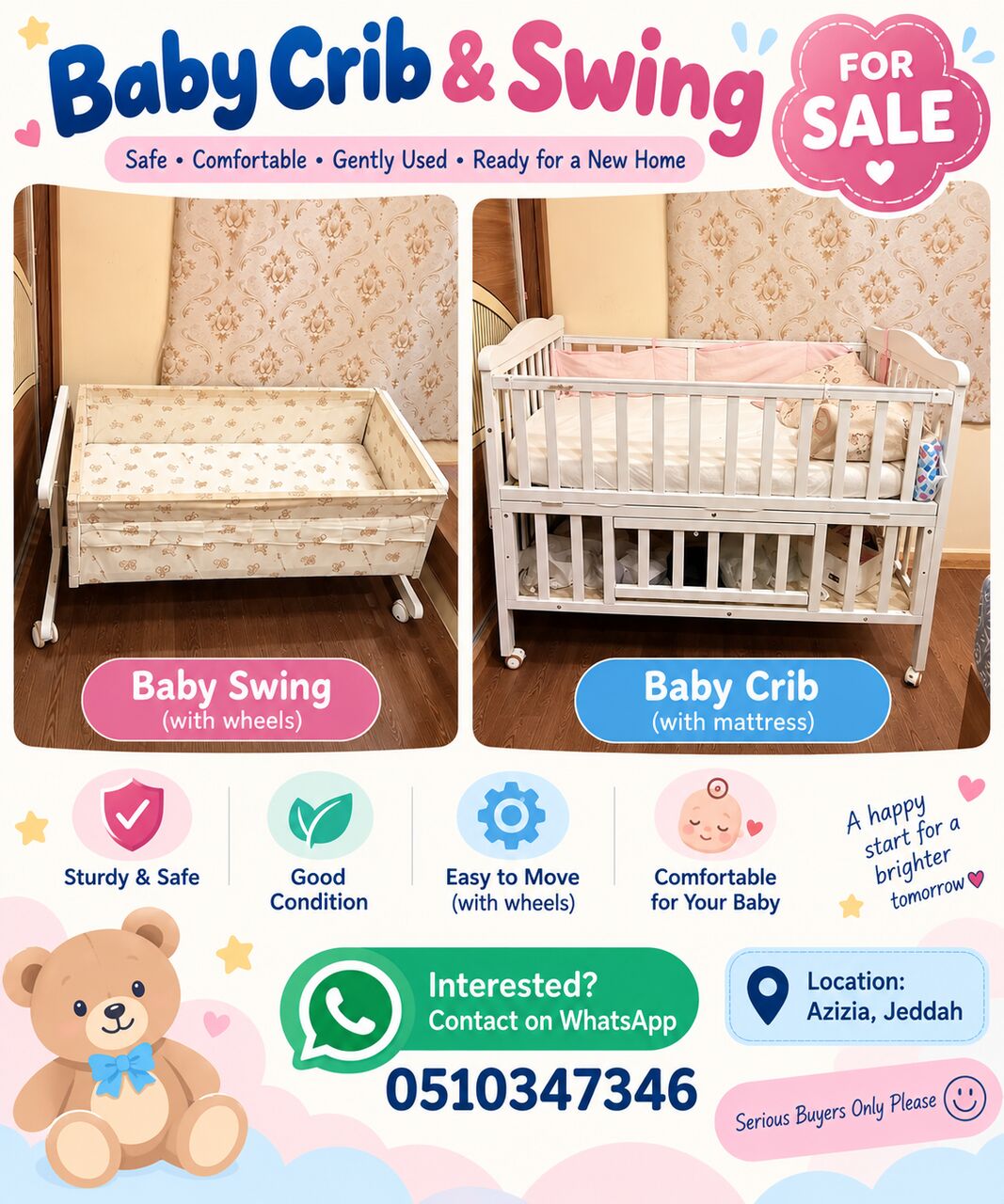 Al Aziziyah, Baby & Kid Stuff, SAR 350,  Baby Swing & Crib With Mattress Al-Azizia&ndash; Excellent Condition &ndash; SAR 350