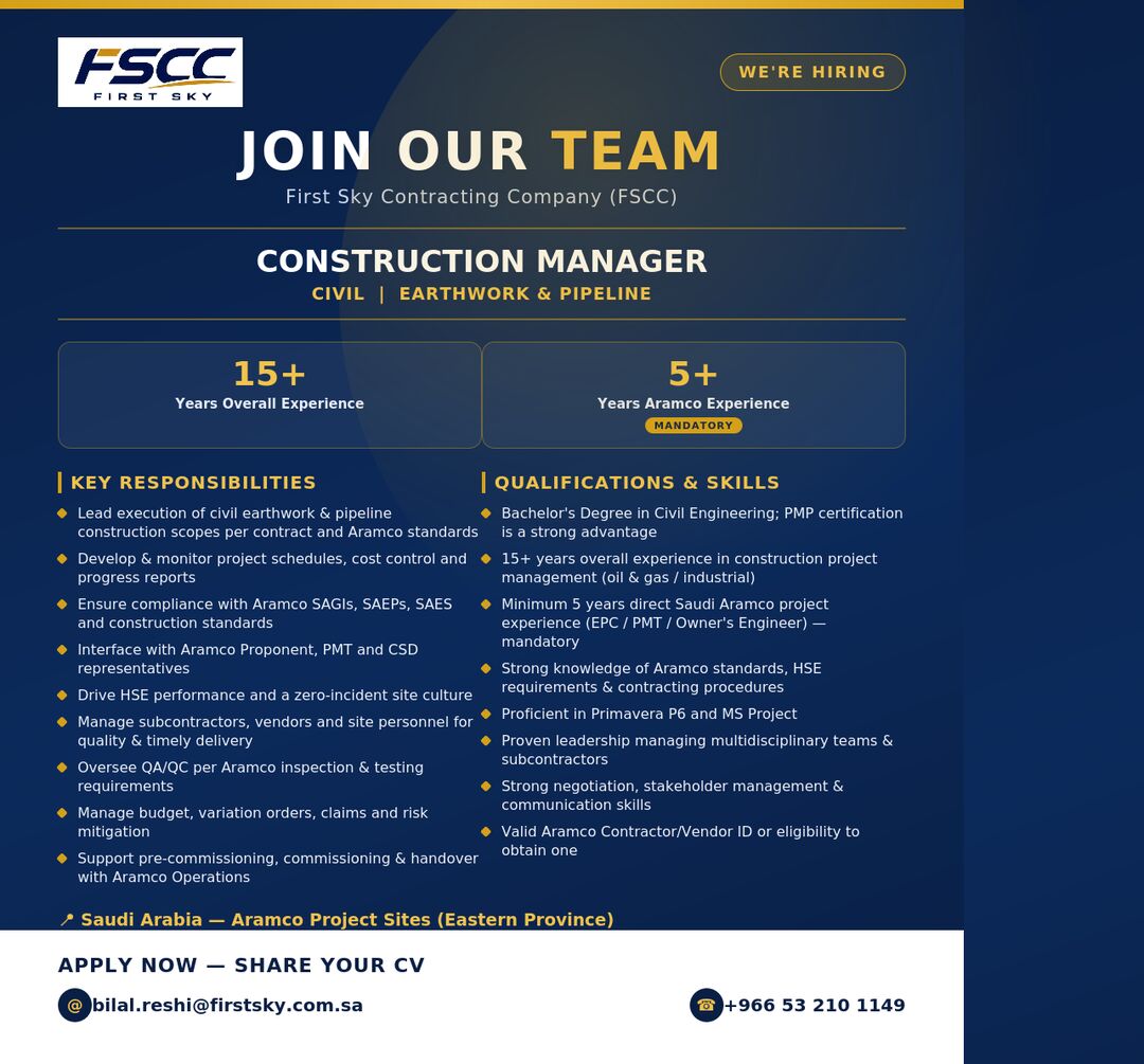 Riyadh, Jobs, Construction Manager &ndash; Civil (Earthwork & Pipeline)