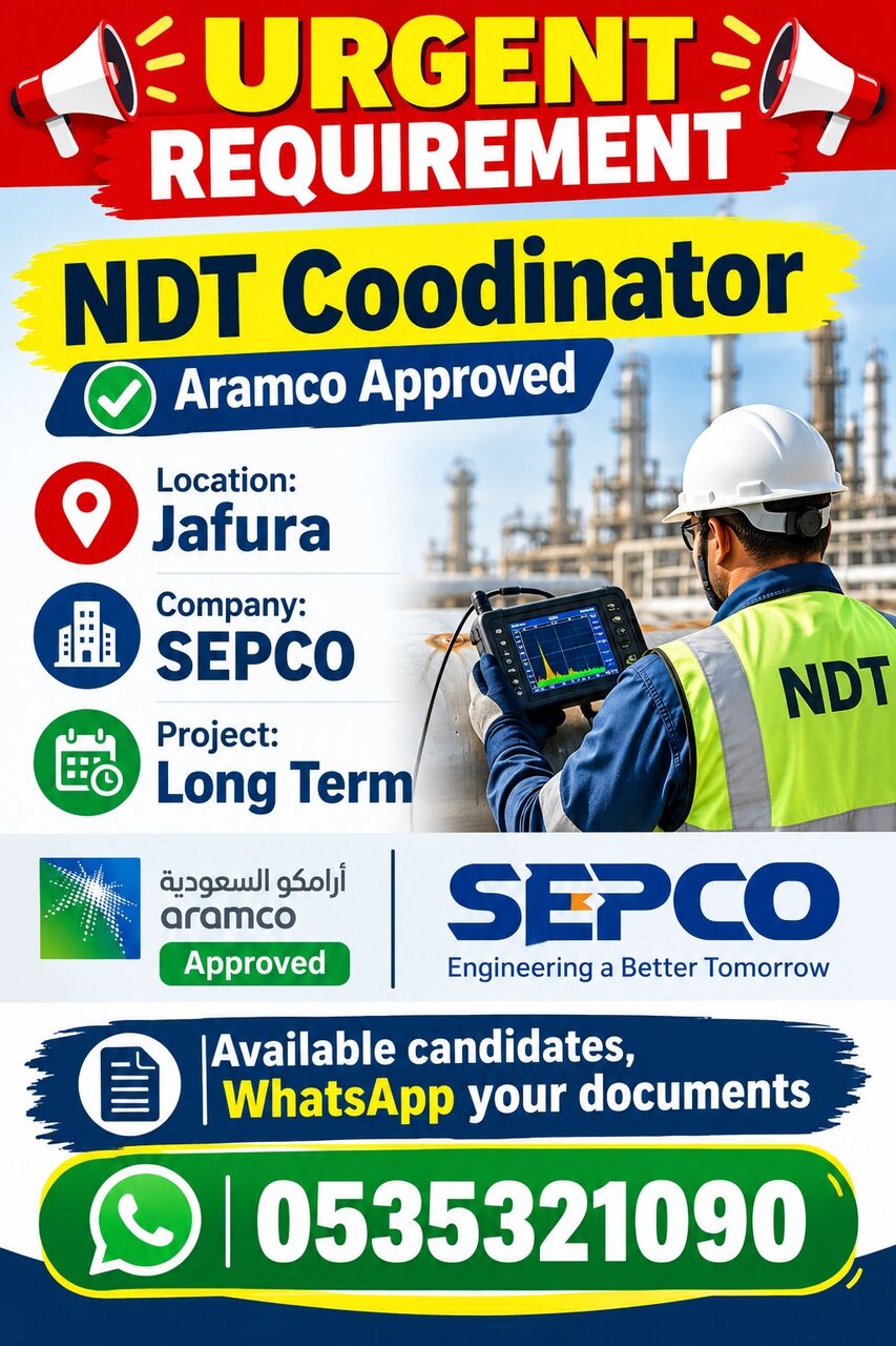 Riyadh, Jobs, NDT Coodinator Aramco Approved