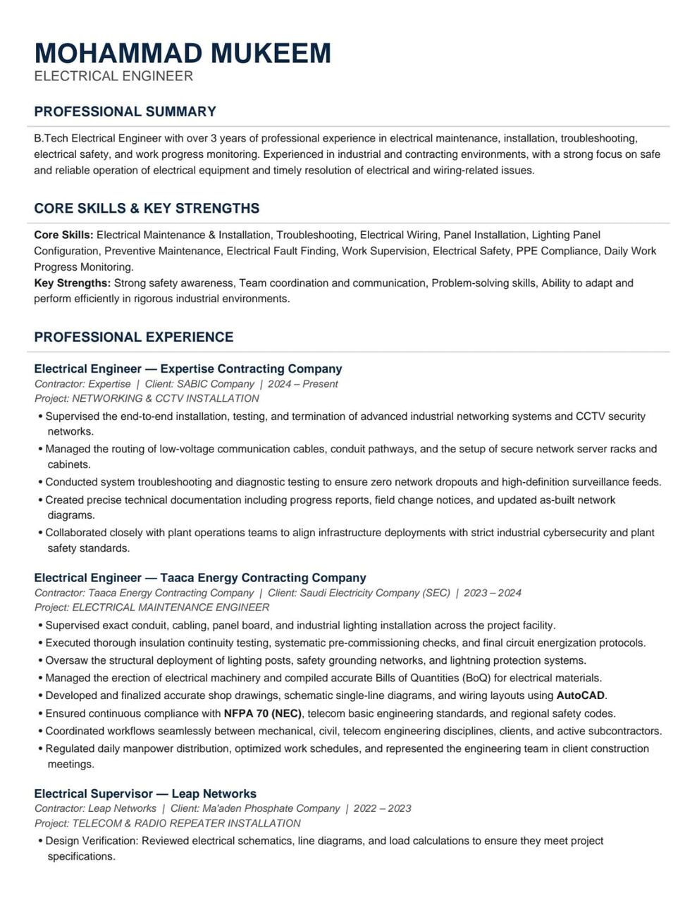 Dammam, Job Seekers, ELECTRICAL ENGINEER, 3 YEARS EXPERIENCE IN ELECTRICAL MAINTENANCE AND TESTING