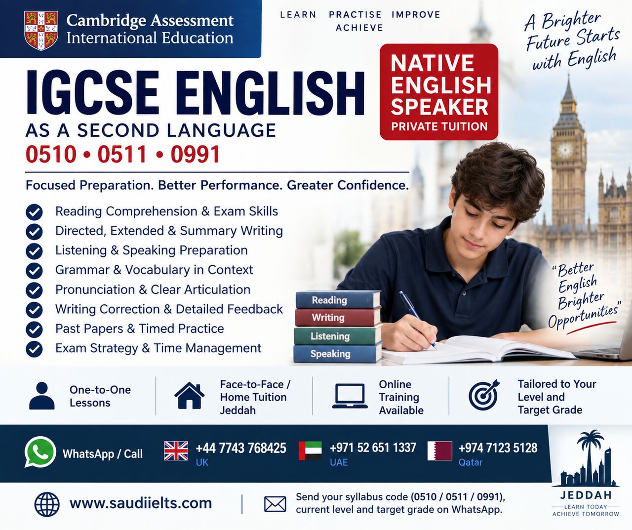 Jeddah, Lessons Offered, IGCSE ENGLISH JEDDAH | NATIVE ENGLISH SPEAKER | CAMBRIDGE 0510 &bull; 0511 &bull; 0991