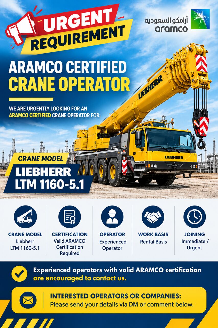 Jubail, Jobs, URGENT REQUIREMENT | ARAMCO CERTIFIED CRANE OPERATOR