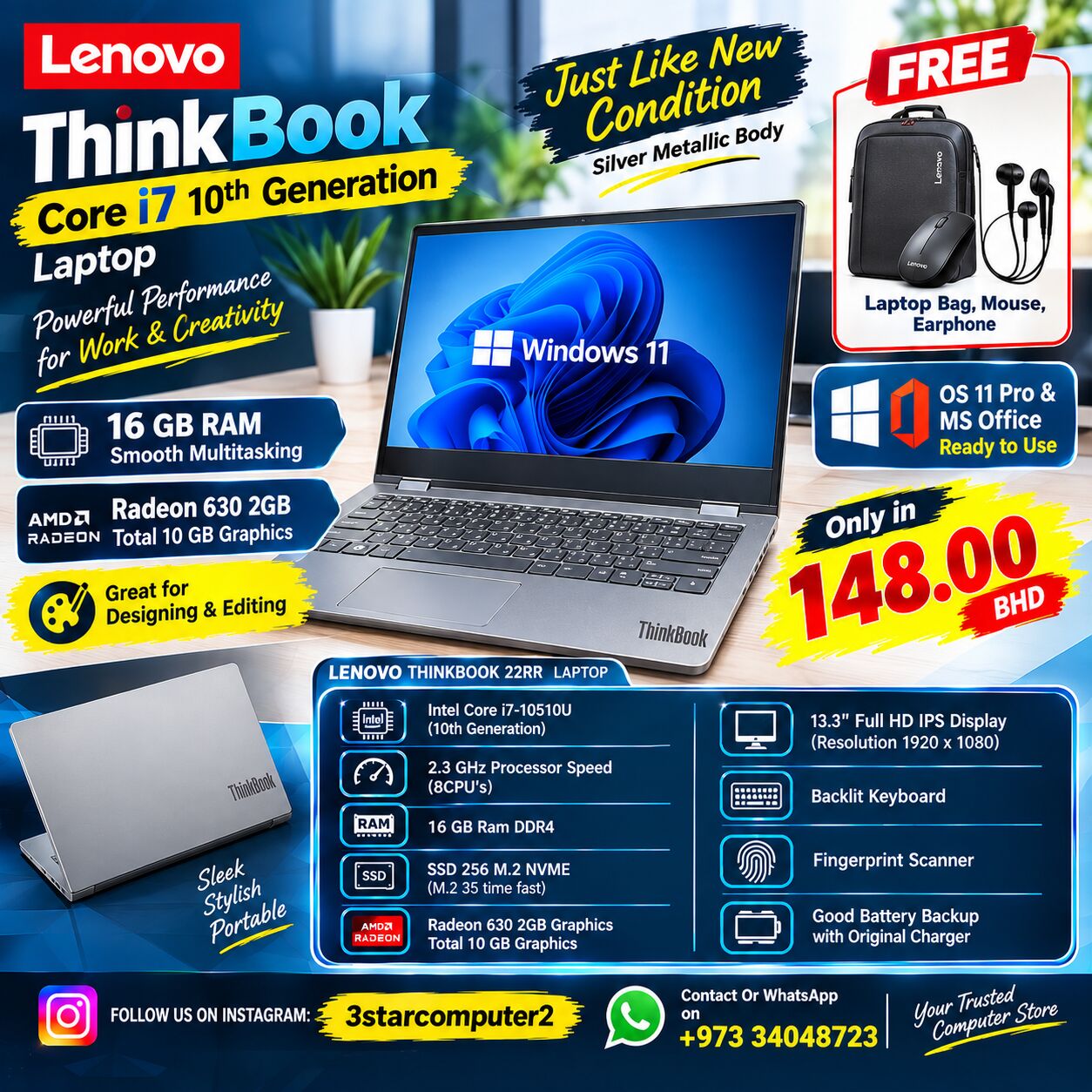 Manama, Tablet Computers, BHD 148,  Thinkbook Core I7 10th Gen Metallic Laptop 16GB RAM AMD Radeon 2GB Graphics Total 10 GB
