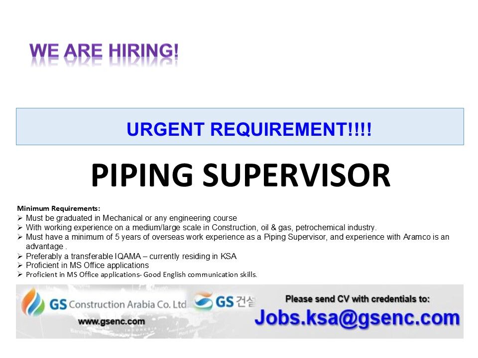 Jubail, Jobs, Piping Supervisor