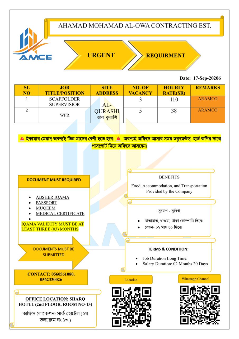 Jubail, Jobs, SCAFFOLDER SUPERVISIOR ( Aramco Approved ) Per Hour :110sr
