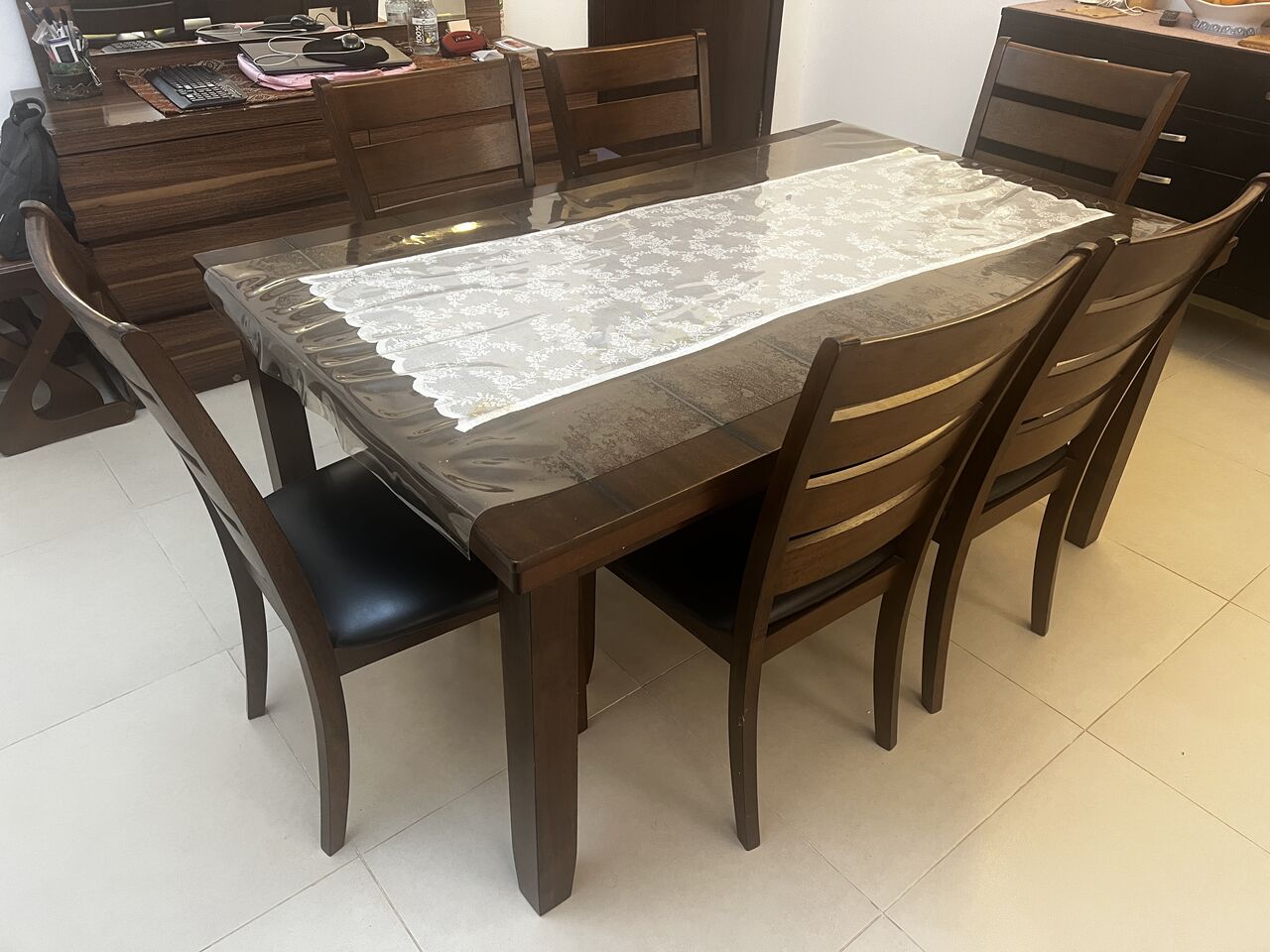 Al Khalidyia, Furniture, SAR 1100,  Dining Table Set With 6 Wooden Chairs &ndash; Dark Brown (Jeddah)