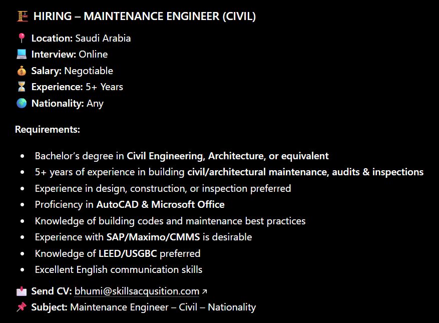 Riyadh, Jobs, Maintenance Engineer &ndash; Civil