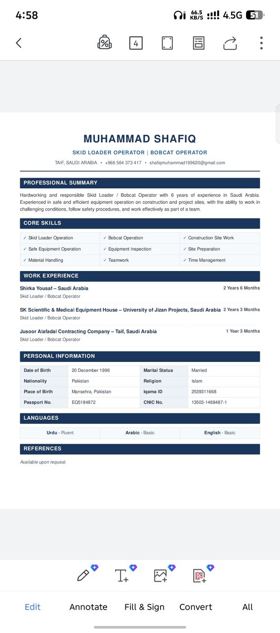 Riyadh, Job Seekers, BOBCAT OPERATOR SKID STREE LAODER