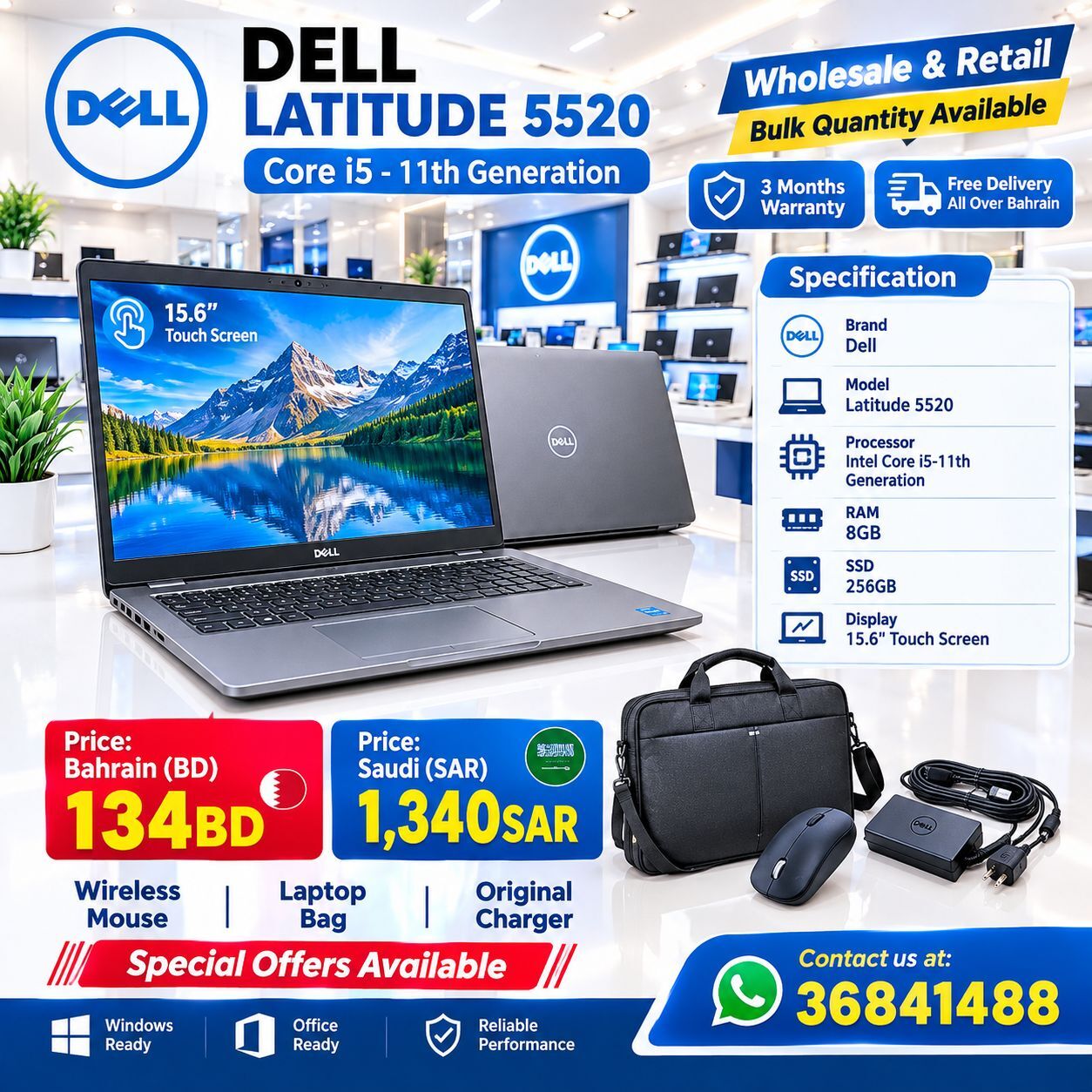 Salmabad, Computers, BHD 134,  Dell Core I5 11th Gen 15.6" Touch Laptop 8GB Ram 256GB Call/ 36841488