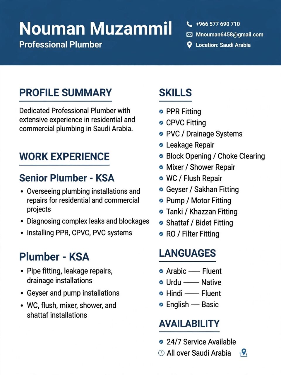 Riyadh, Job Seekers, Plumber