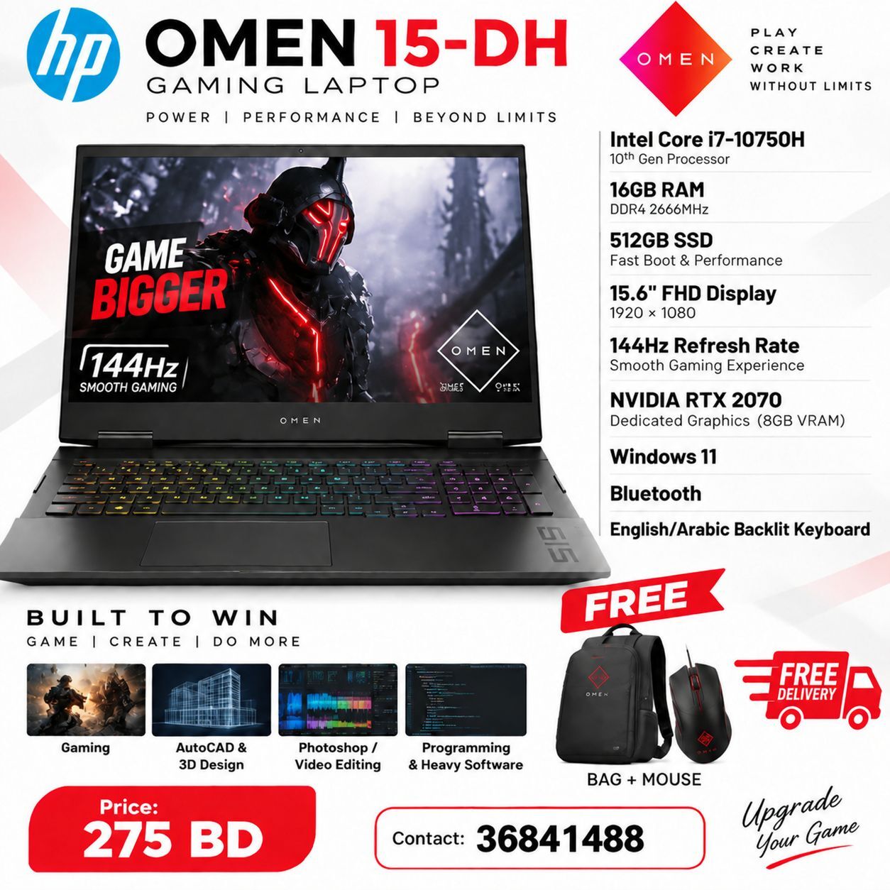 Salmabad, Computers, BHD 275,  HP OMEN 15 Gaming Laptop I7 10th Gen RTX 2070 8GB 144Hz 16GB 512GB SSD Call/36841488