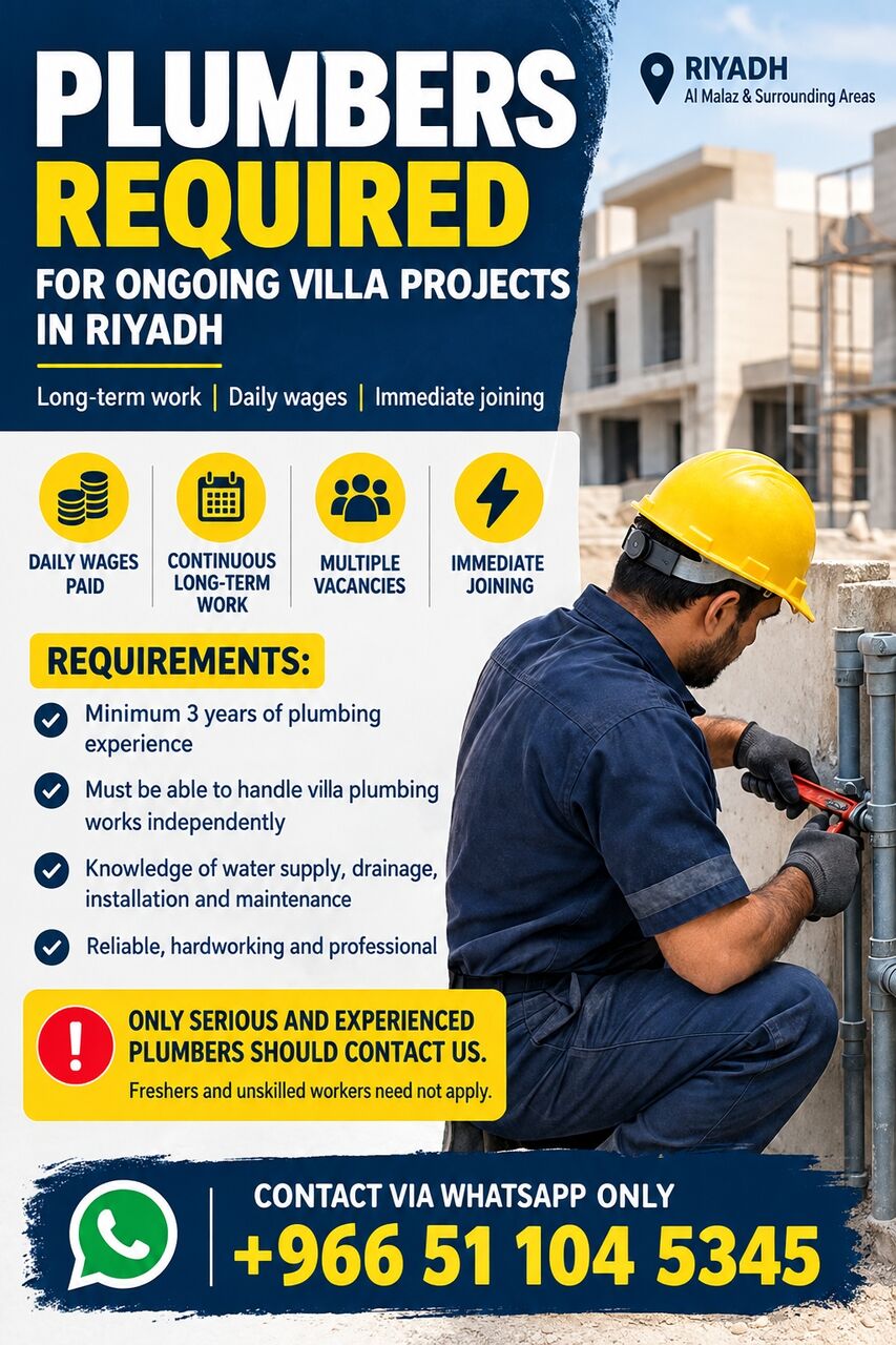 Al Malaz, Temp Jobs, Plumbers Required