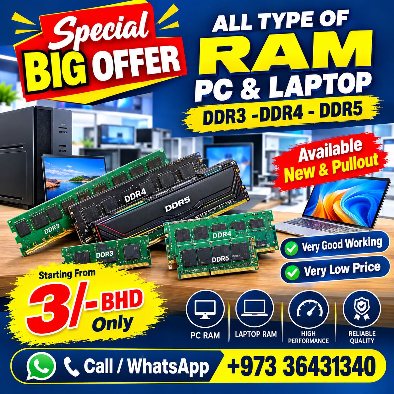 Manama, Computers, BHD 3,  Special Offer All Type Of PC And Laptop RAM DDR3 - DDR4 - DDR5 Available Very Low Price