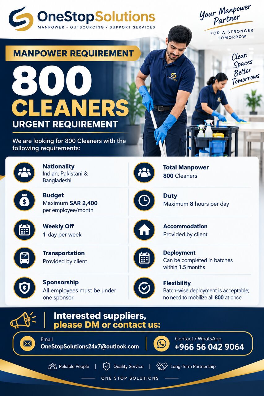 Riyadh, Items Wanted, MANPOWER REQUIREMENT &ndash; 800 CLEANERS