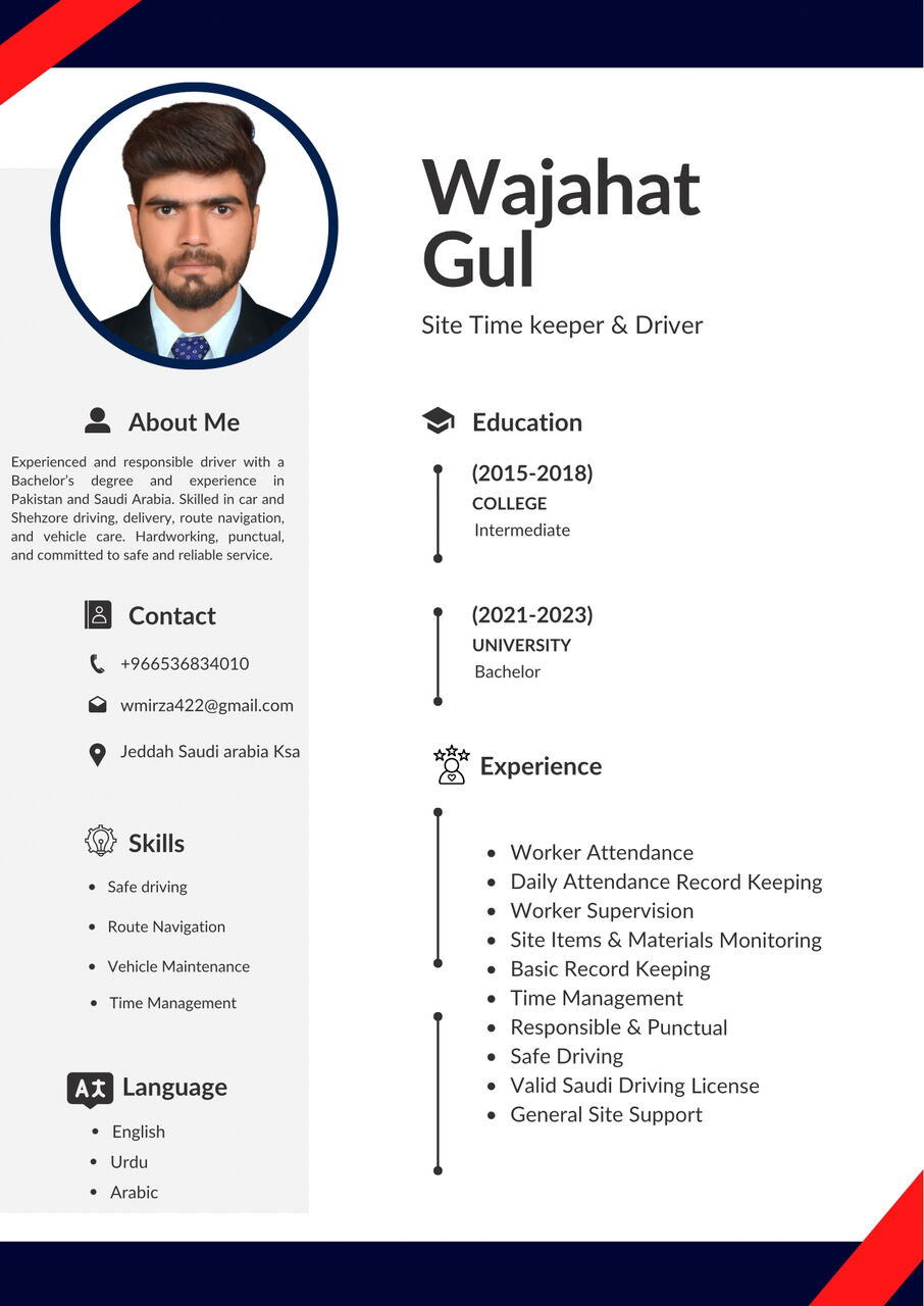 Jeddah, Job Seekers, Site Time Keeper & Driver