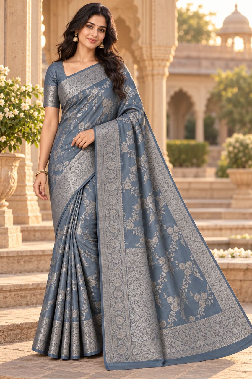 New Delhi, Wholesale Products, Royal Slate Blue Banarasi Floral Brocade Saree &ndash; Indian Outfits For Women Misato Lifestyle