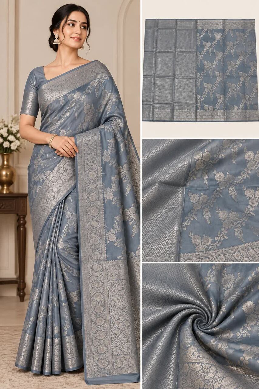 New Delhi, Wholesale Products, Royal Slate Blue Banarasi Floral Brocade Saree &ndash; Indian Outfits For Women Misato Lifestyle