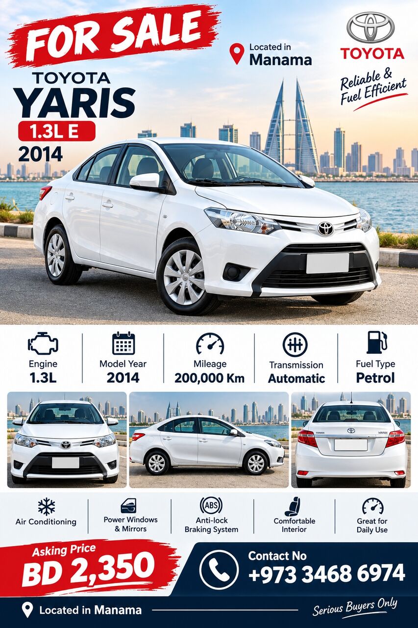 Manama, Vehicles, Cars & Trucks , BHD 2250,  Toyota Yaris,  2014,  Automatic,  200000 KM,   For Sale