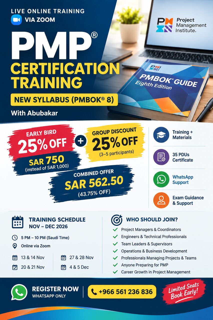 Riyadh, Training, PMP Training By Abubakar Online []Via Zoom] []PMBOK 8]