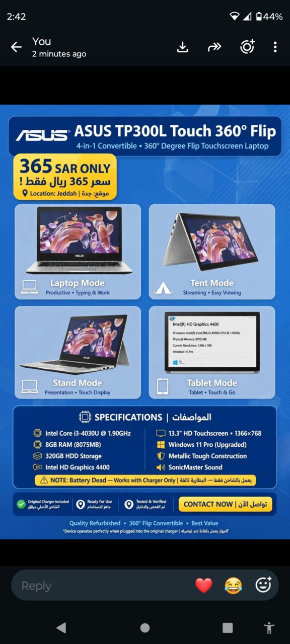 Jeddah, Computers, SAR 365,  Asus Touch Screen Laptop I3-8gb Ram ( 365 Riyal )