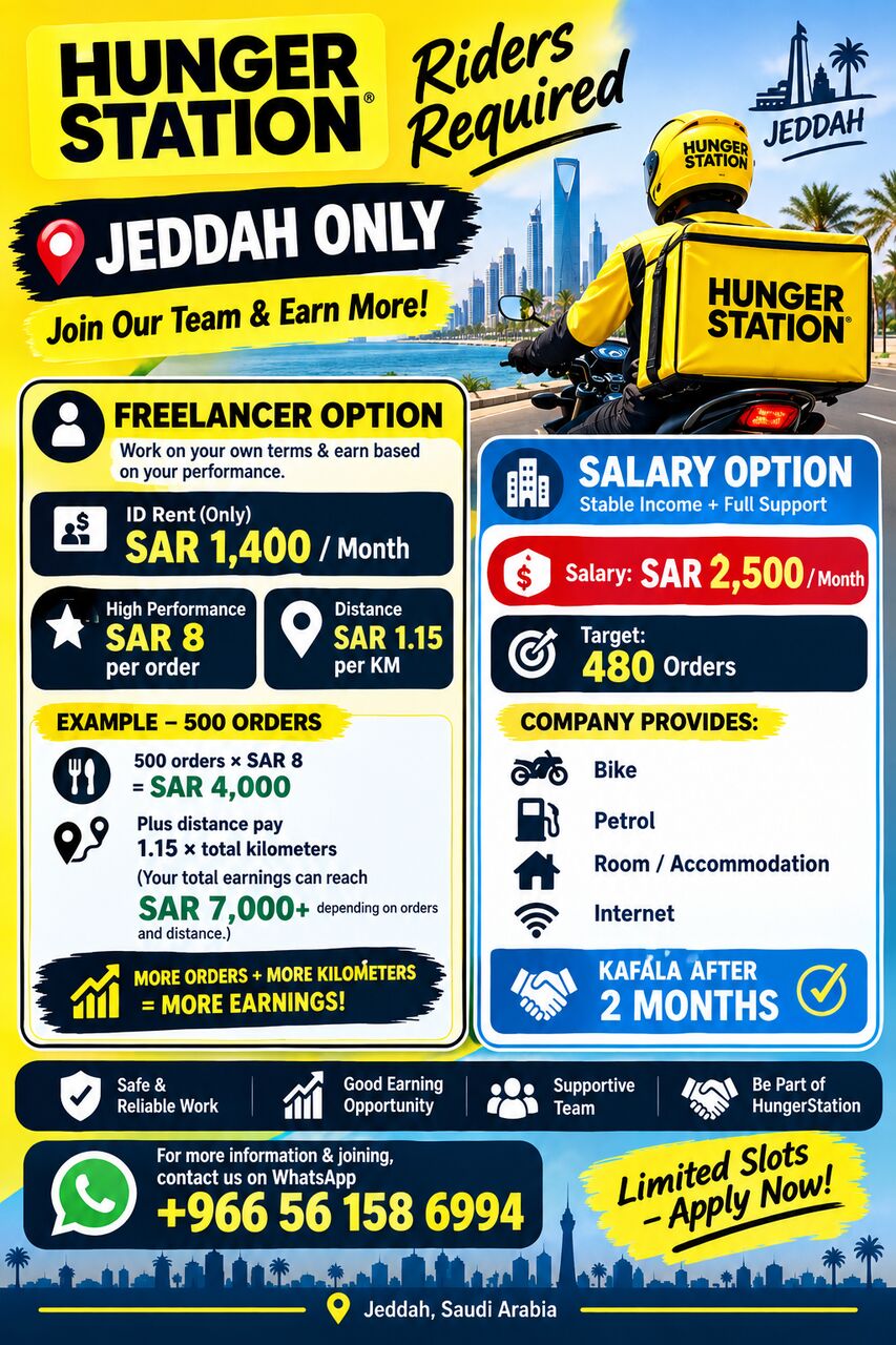 Jeddah, Jobs, Hungersation Id Available For Salary And Rent  Easily Can Earn Up To 7000