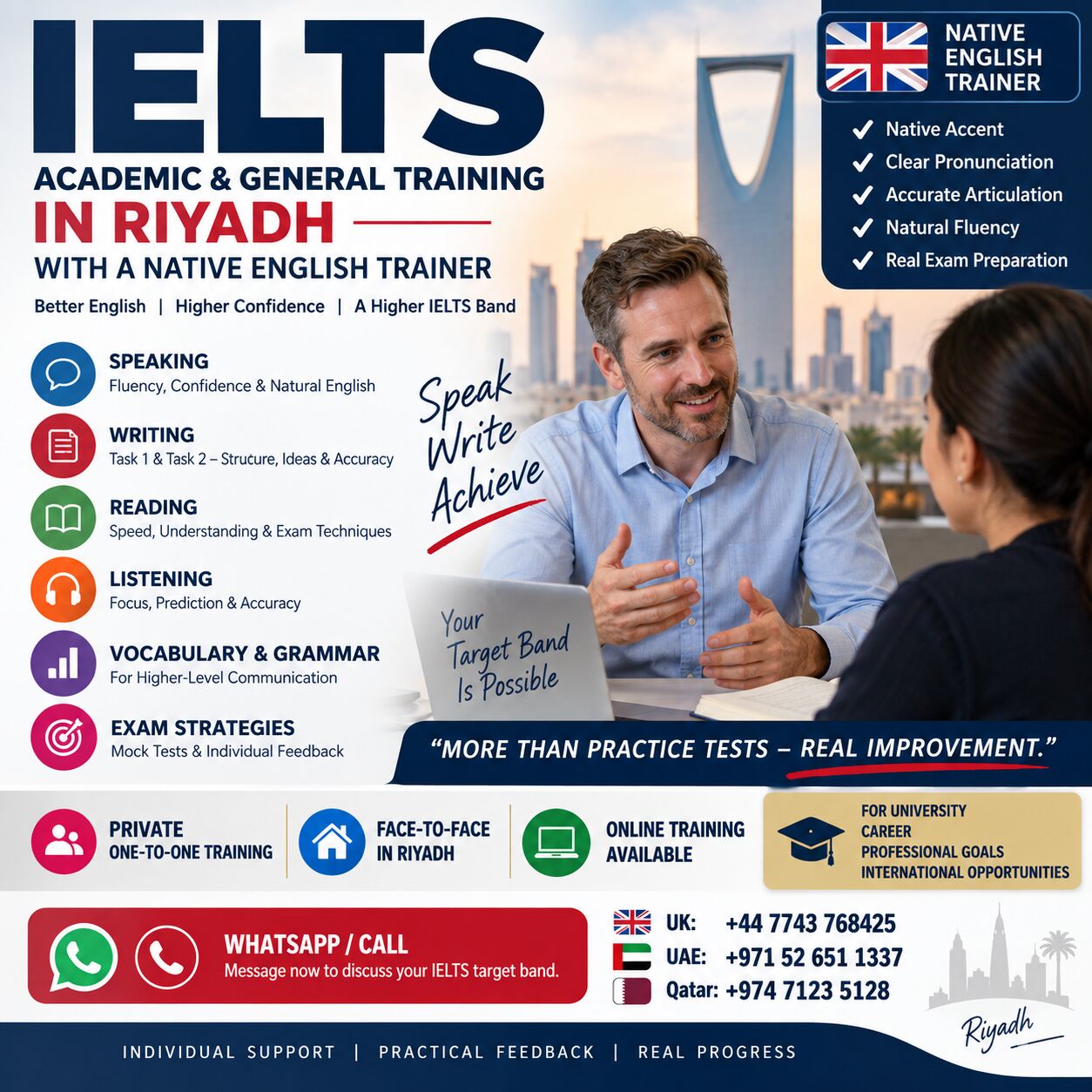 Riyadh, Lessons Offered, IELTS Training Riyadh | Native English Pronunciation, Accent & Speaking Specialist