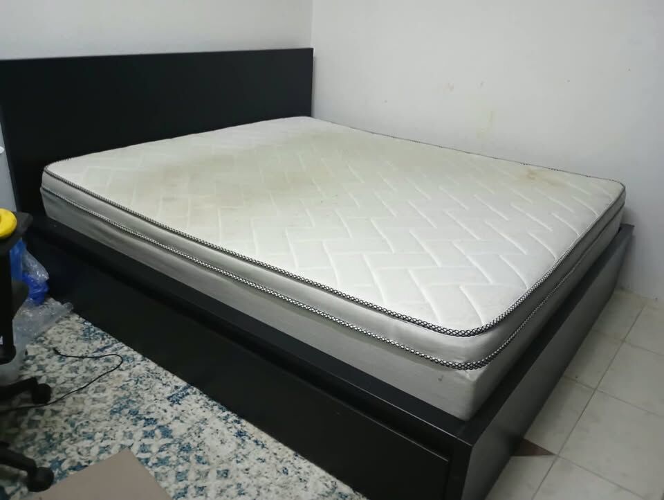 Riyadh, Furniture, SAR 800,  IKEA Wooden Double Bed + Two Big Drawers Under The Bed + One Side Table + Mattress