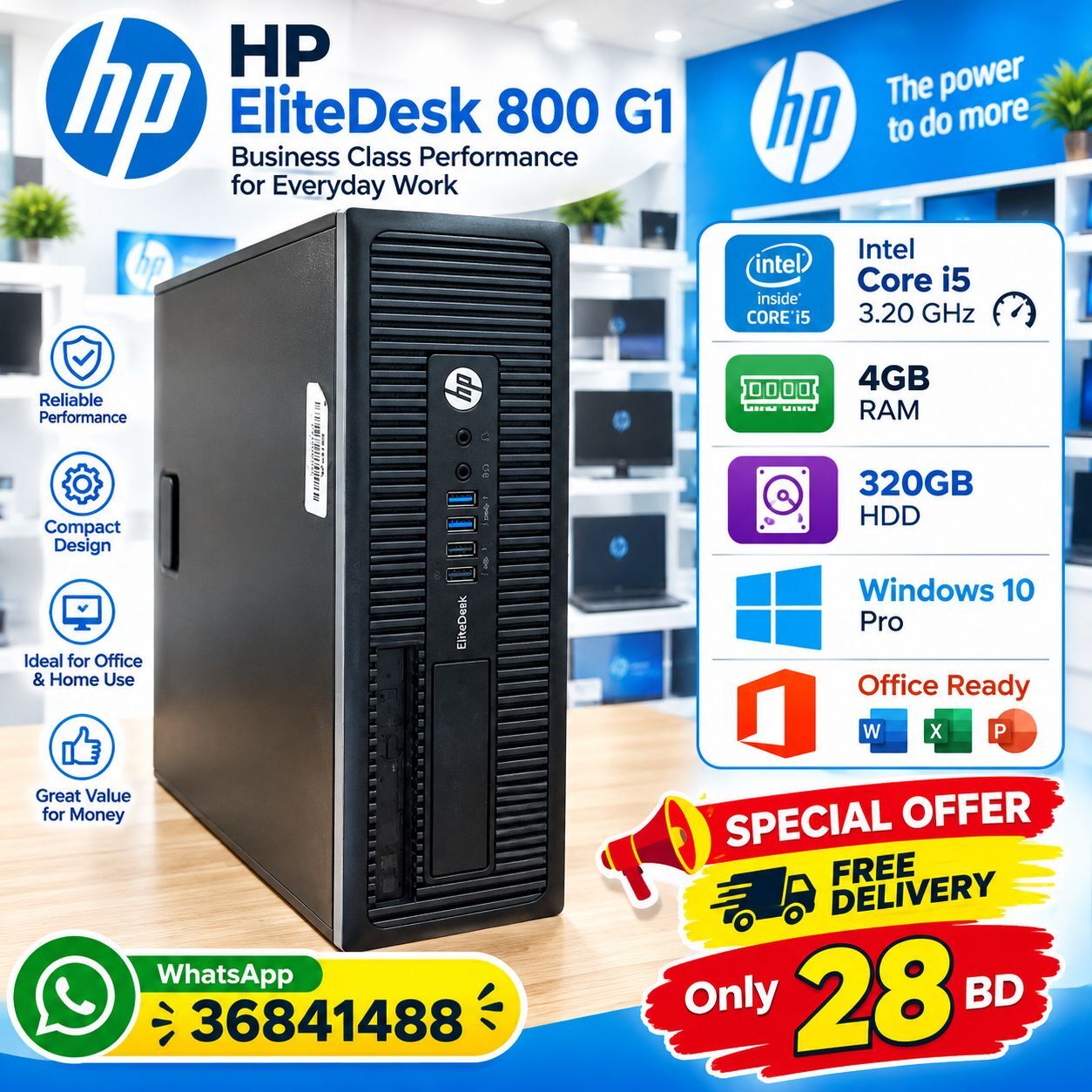 Manama, Computers, BHD 28,  HP Core I5 Computer -3.00Ghz 4GB RAM 320GB HDD Win 10 Pro Office- Call WhatsApp- 36841488