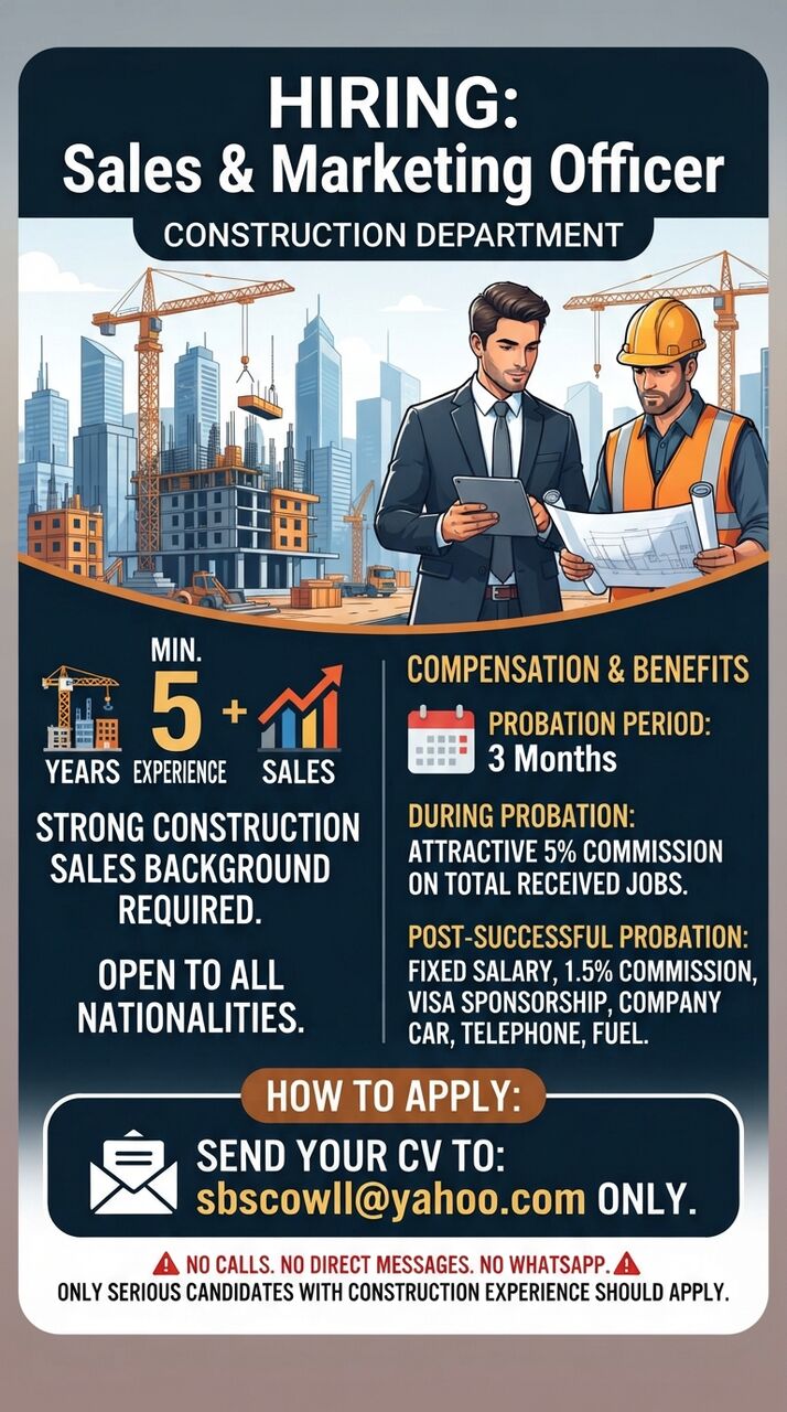 Manama, Jobs, Hiring: Sales & Marketing Officer (Construction Department)