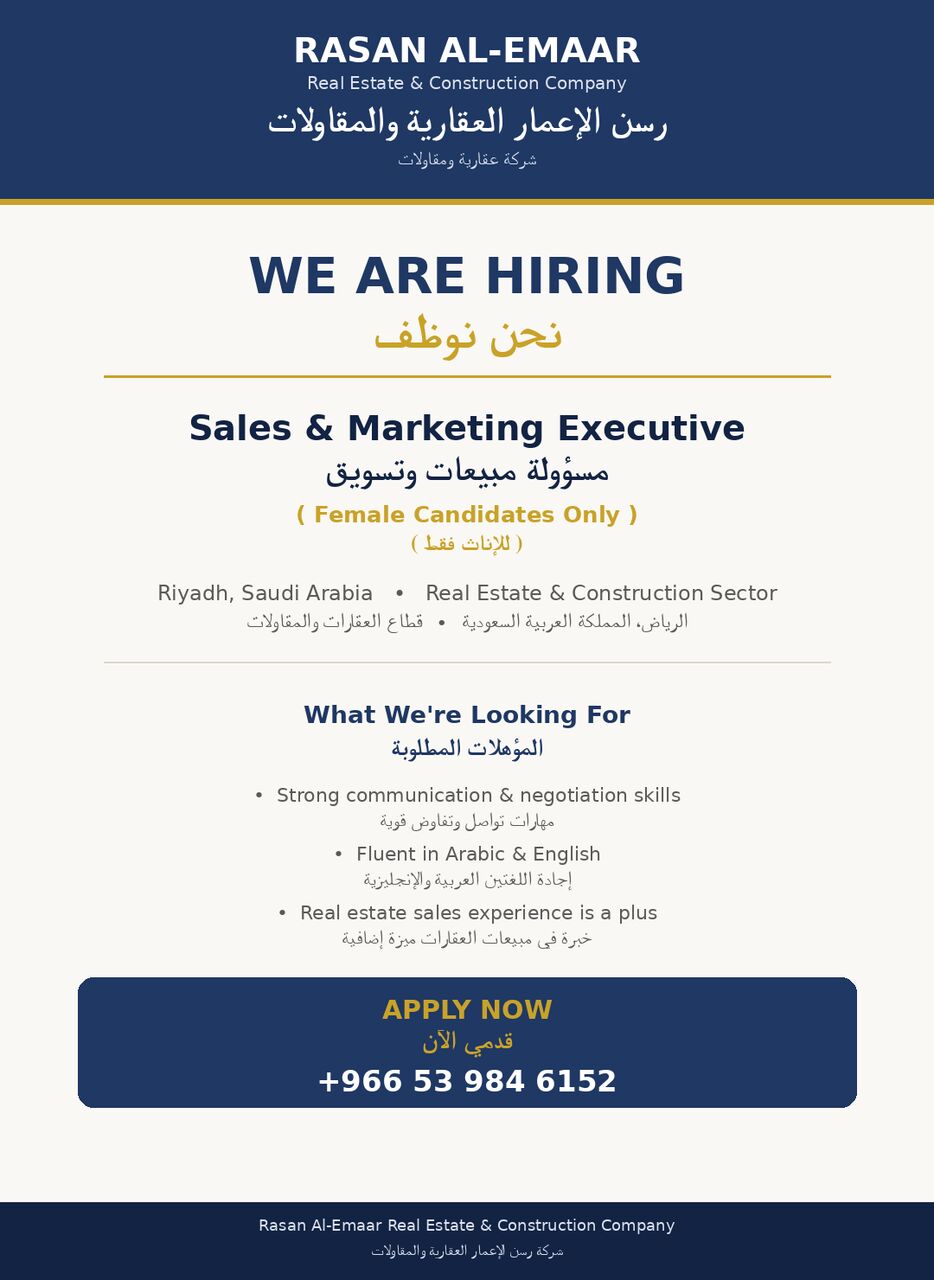 Riyadh, Jobs, Sales & Marketing Specialist ( Real Estate )