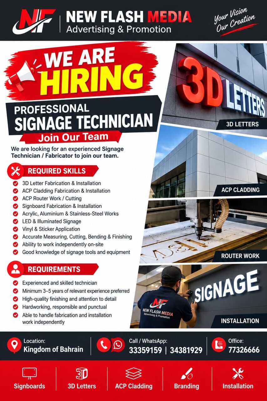 East Riffa, Jobs, Required Worker For Signboard, ACP Cladding, 3D Letters Fabricator