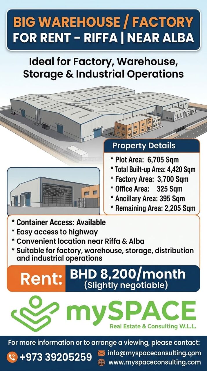 Riffa, Warehouses, BHD 8200,  4420 Sq. Meter,  Big Warehouse / Factory For Rent In Riffa Near ALBA