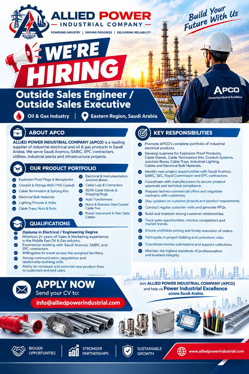 Dammam, Jobs, Outside Sales Engineer / Outside Sales Executive (Oil & Gas)
