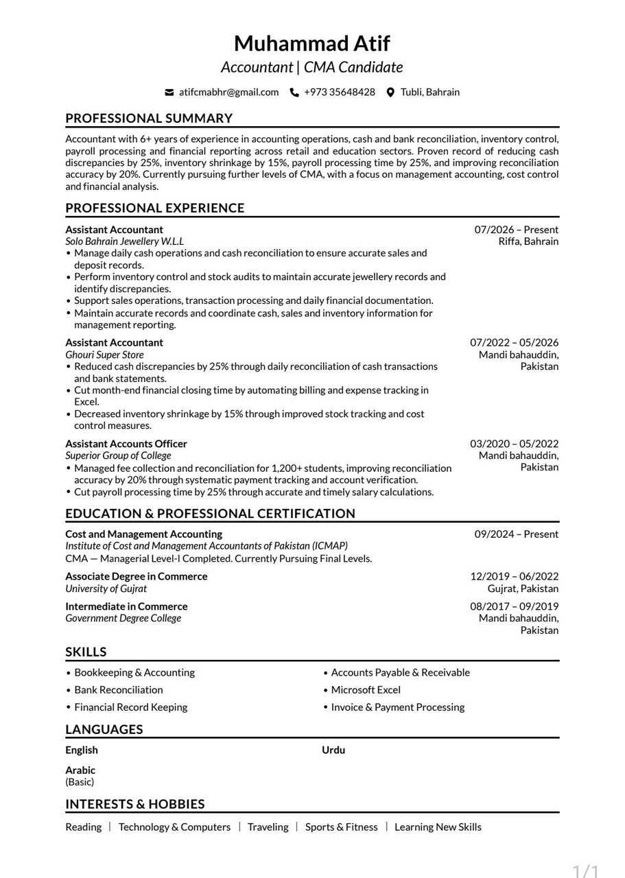 Manama, Job Seekers, Assistant Accountant