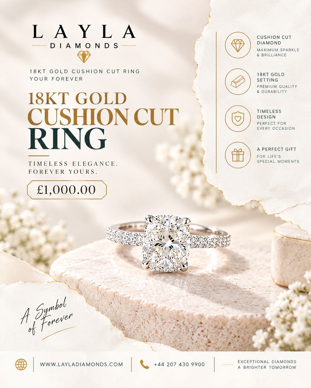 London, Jewelry, GBP 1,  18kt Gold Cushion Cut Ring | Your Forever | Layla Diamonds