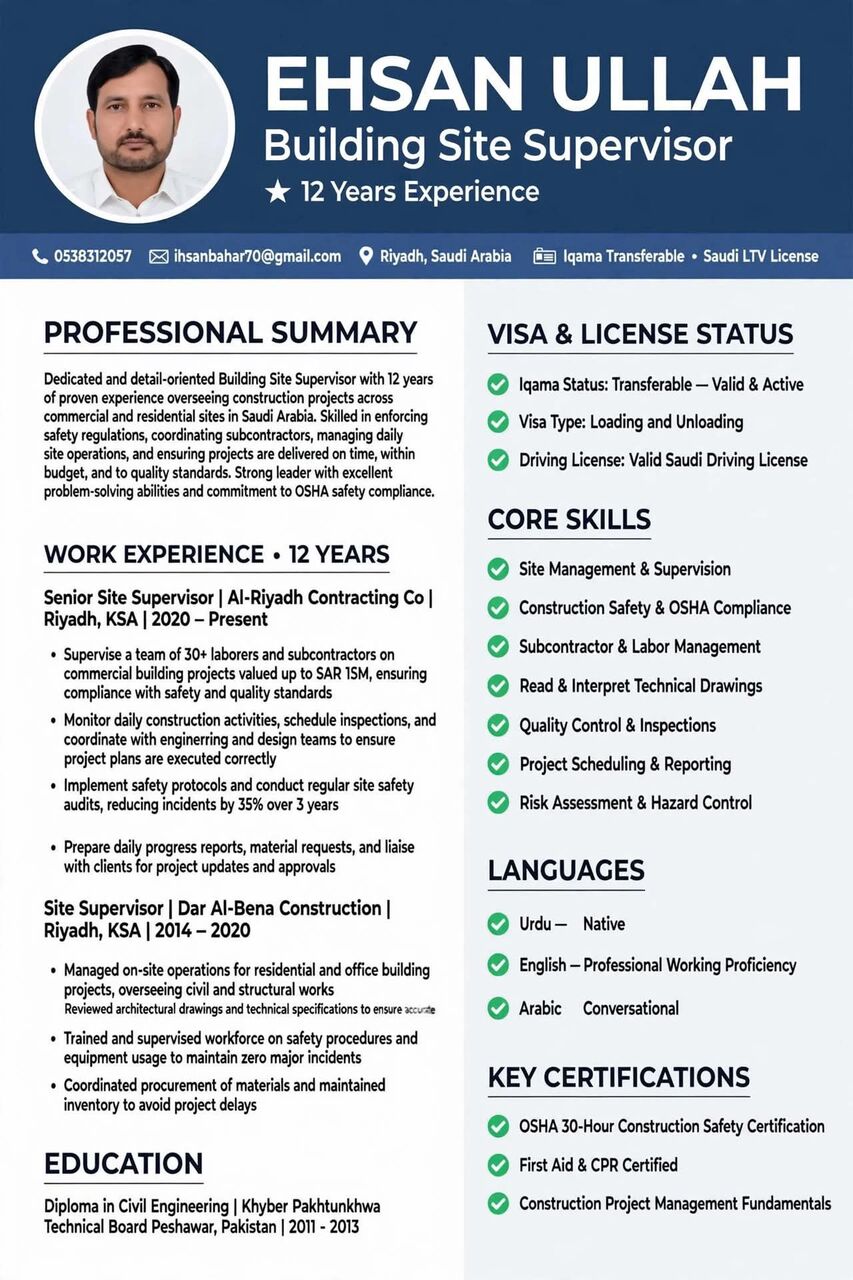 Riyadh, Job Seekers, 12 Yrs Exp Building Site Supervisor/ Iqama Transferable/Saudi Arabia LTV Licence/ Riyadh