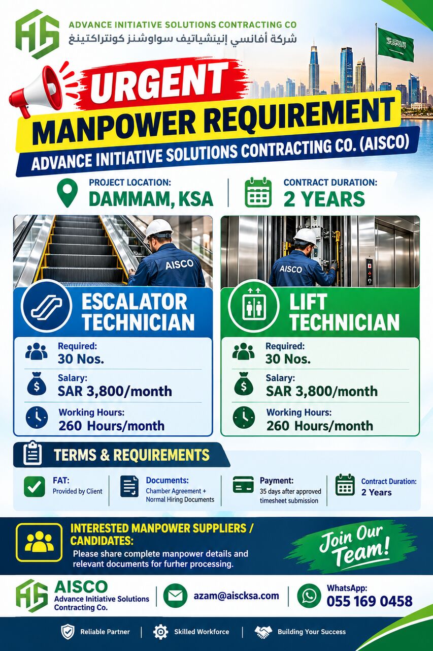 Jubail, Temp Jobs, ESCALATOR TECHNICIANS &  LIFT TECHNICIANS