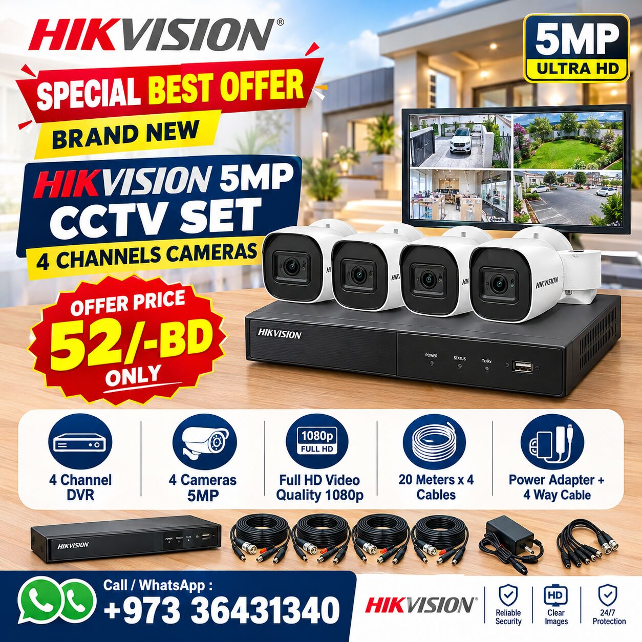Isa Town, Computers, BHD 52,  Brand New HIKVISION 5MP CCTV Camera Kit - 4 Channel With 5MP 4 Camera + 20 Meters Cable