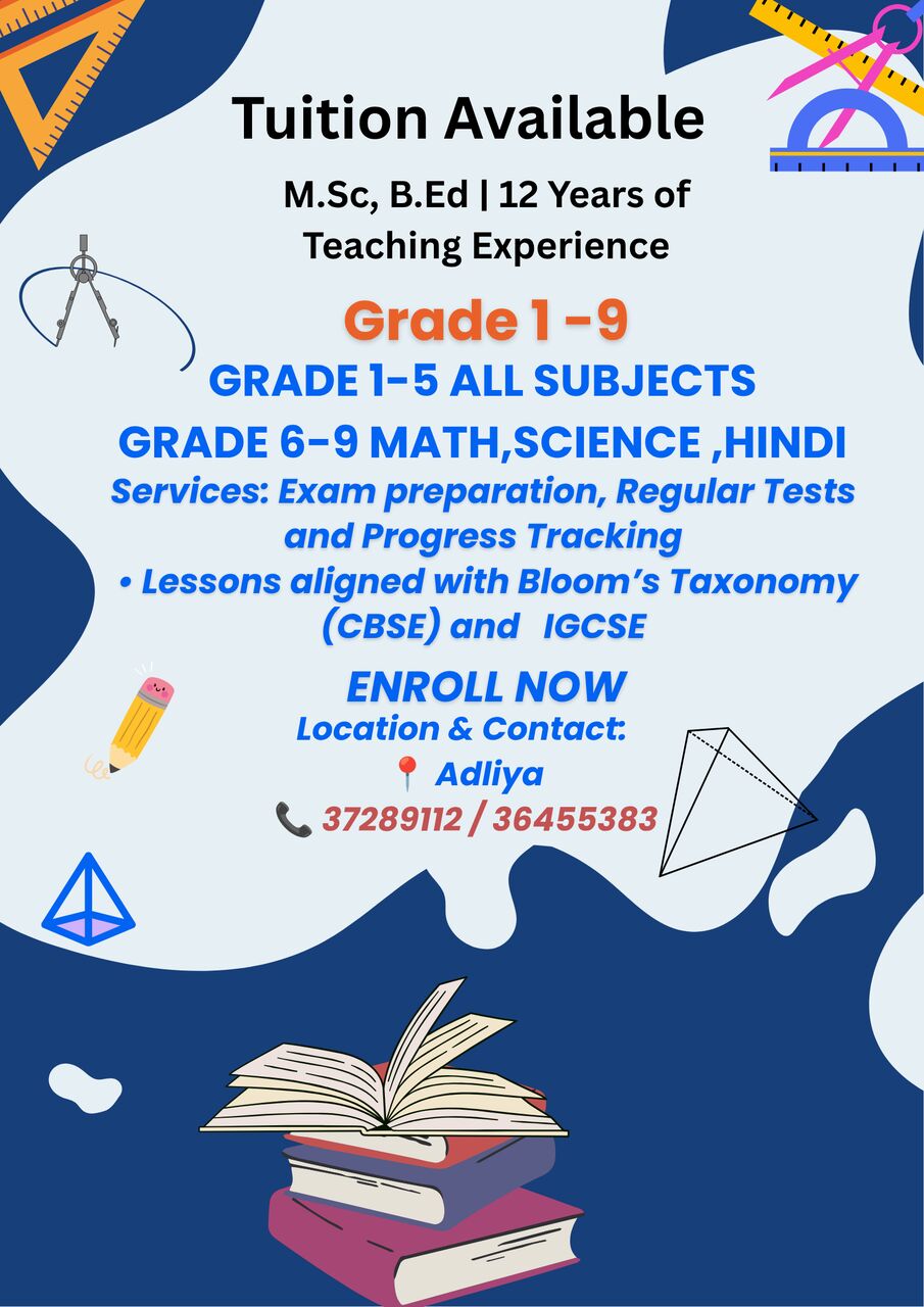 Adliya, Lessons Offered, TUITION CLASSES OFFERED For GRADE 1 To 9.